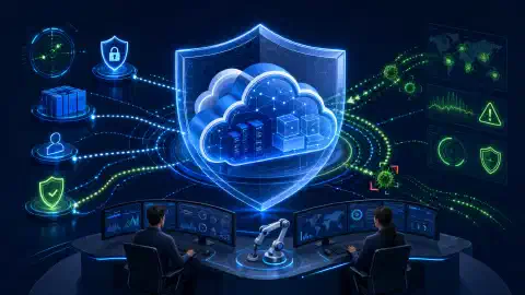 An illustration of a stylized cloud surrounded by digital elements like shields and icons, with blue and green accents, set against a deep navy background, representing cloud security management.