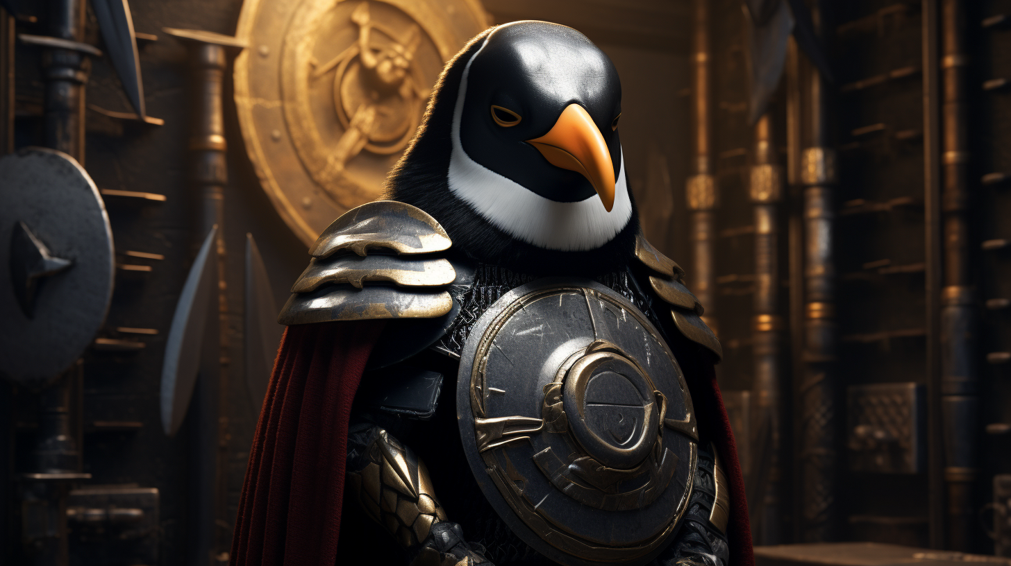 A symbolic art showing a shielded penguin warrior protecting a secure server.