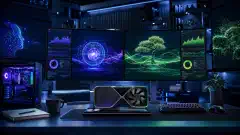 A high-tech workspace with a single graphics card and multiple glowing screens displaying AI benchmarks and visualizations, set against a dark navy background.