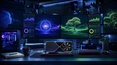 A high-tech workspace with a single graphics card and multiple glowing screens displaying AI benchmarks and visualizations, set against a dark navy background.