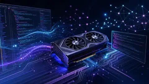 An illustration of a local AI coding environment, featuring an NVIDIA RTX 4060 Ti GPU surrounded by luminous data streams and code snippets on a dark background.