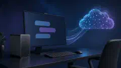 A desktop workstation connected by a glowing path to an abstract cloud of network points on a dark background