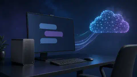 A desktop workstation connected by a glowing path to an abstract cloud of network points on a dark background
