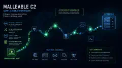An abstract digital network scene showing data packets flowing in vibrant blue and green colors against a dark background, symbolizing Malleable C2 and asynchronous communications.