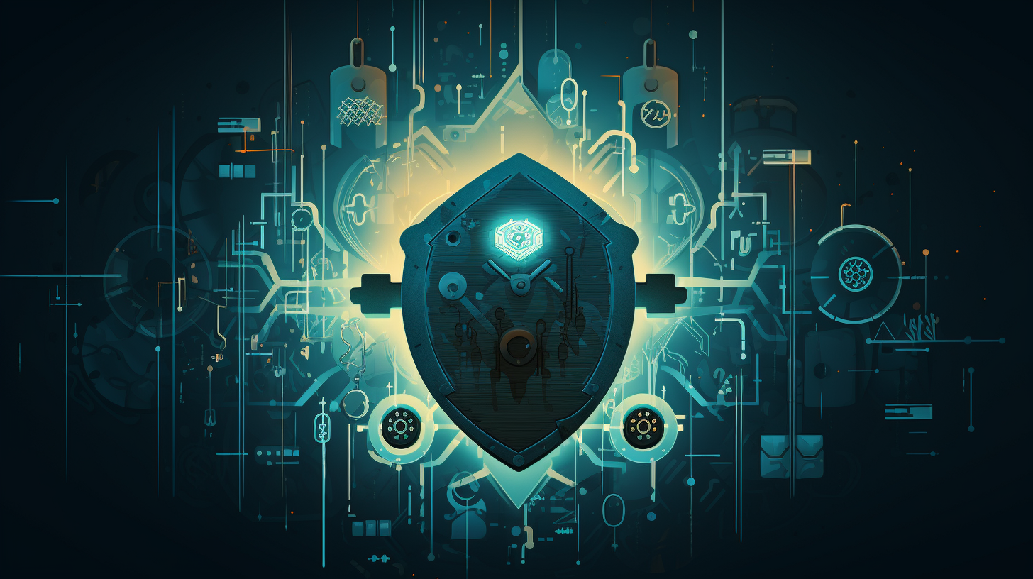 A symbolic illustration showcasing a shield-wielding code snippet with lock symbols.