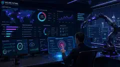 A high-tech security operations center with dark surroundings and glowing screens showing security metrics. A professional interacts with a holographic interface while robotic arms assist nearby.