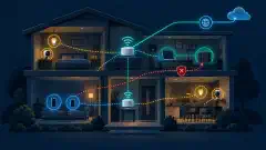 A two-story home with two mesh routers, guest phones, IoT lights and cameras, and a shield blocking a path to a trusted laptop and NAS.