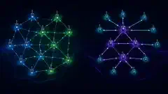 An illustration showing two LoRa mesh networks: Meshtastic on the left with nodes in a flooding pattern, and MeshCore on the right with a structured routing approach, all set against a dark background.