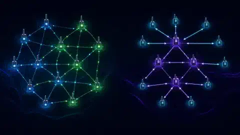 An illustration showing two LoRa mesh networks: Meshtastic on the left with nodes in a flooding pattern, and MeshCore on the right with a structured routing approach, all set against a dark background.