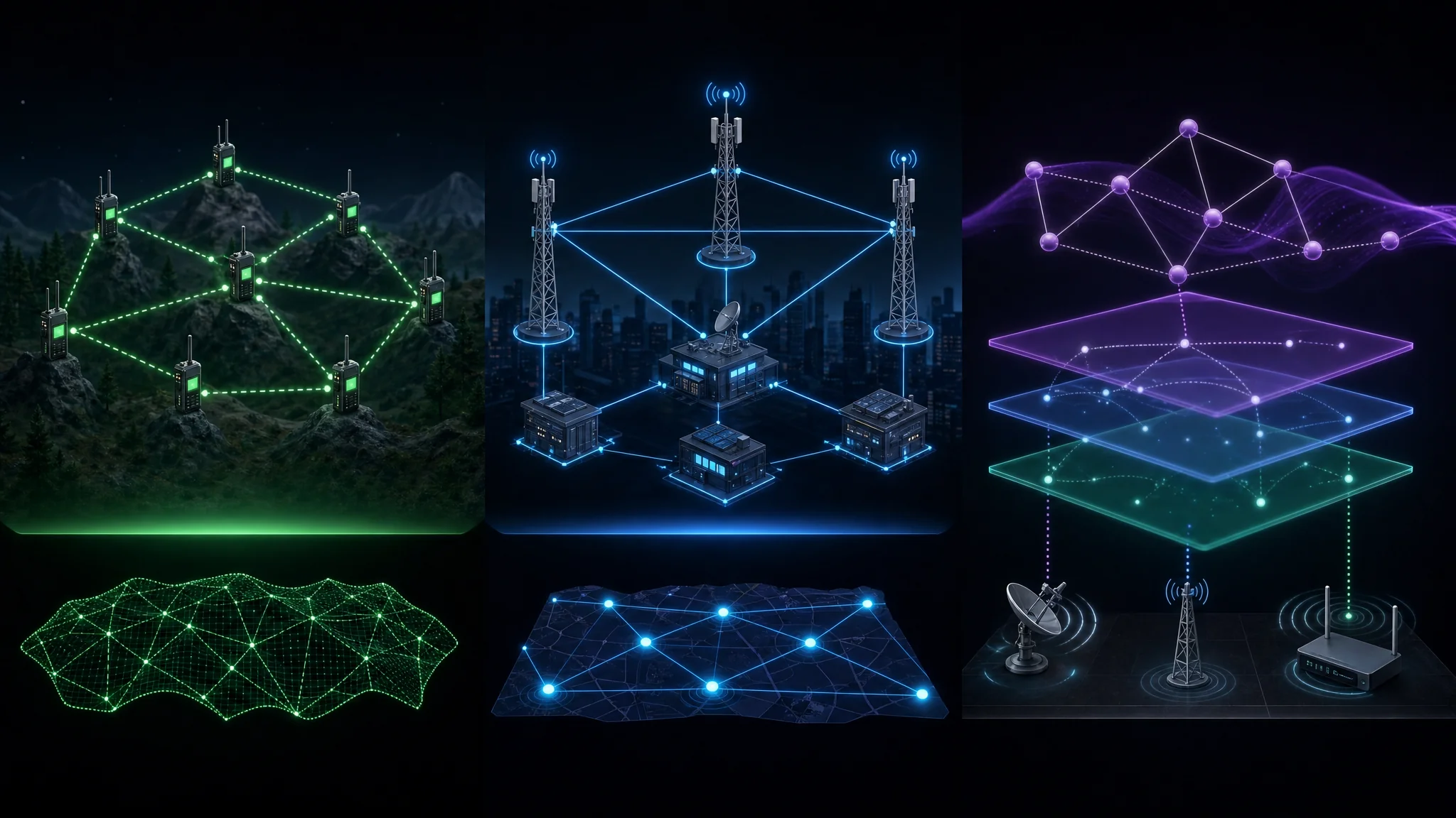 An illustration comparing three mesh networking systems with nodes, antennas, and connection lines, set against a dark background with vibrant colors, visually representing their unique features.