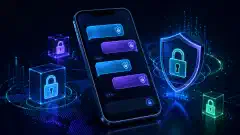 A digital illustration of a smartphone with colorful chat bubbles around it, symbolizing secure messaging. The background is dark navy with bright blue, green, and purple accents, creating a modern tech atmosphere.
