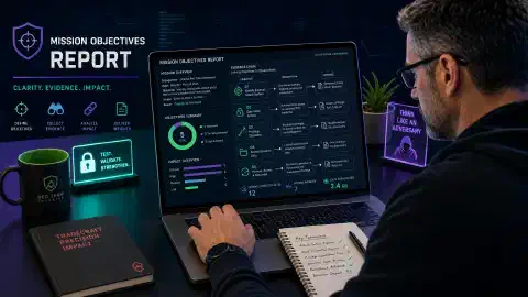 A cyber security professional analyzing data on a laptop with graphs and an evidence chain displayed on the screen. A notepad and pen are beside the laptop, all set against a dark navy background.