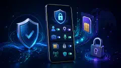 A smartphone surrounded by icons of security features like app permissions, SIM PINs, and data streams, set against a dark background with vibrant colors.