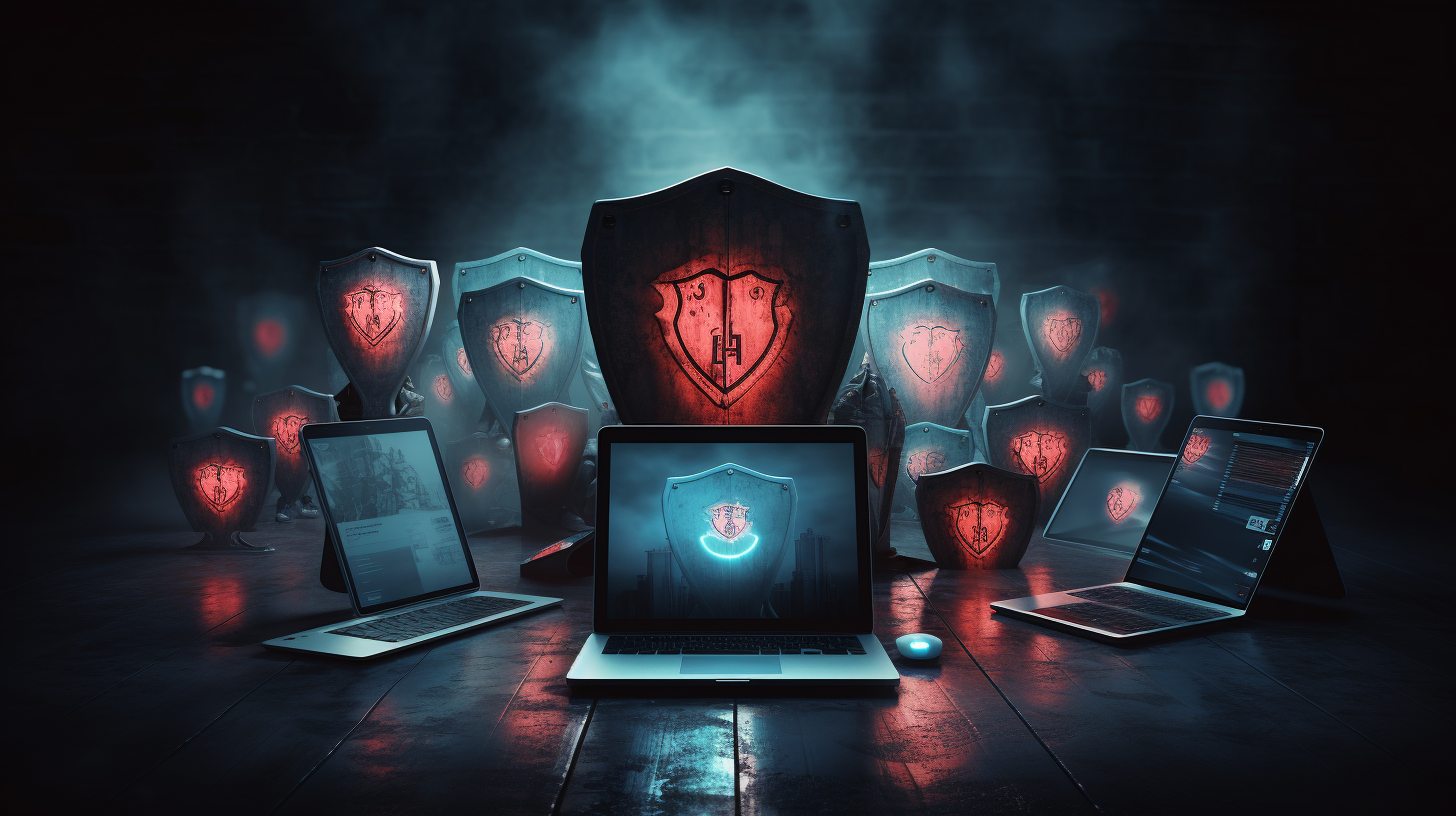 A symbolic art-style image featuring a protective shield enveloping multiple devices from cyber threats.
