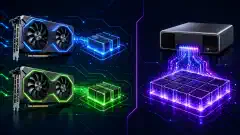 An illustration showing two NVIDIA RTX 5060 Ti graphics cards on the left and an NVIDIA GB10 system on the right, both highlighted against a dark background with vibrant colors.