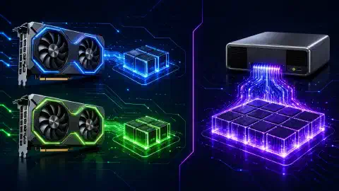 An illustration showing two NVIDIA RTX 5060 Ti graphics cards on the left and an NVIDIA GB10 system on the right, both highlighted against a dark background with vibrant colors.