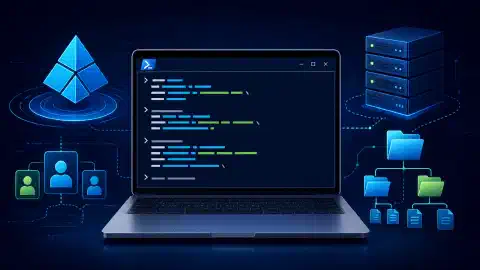 An illustration of a laptop with a PowerShell terminal showing code for installing the Active Directory module, surrounded by abstract icons representing users and servers on a dark background.