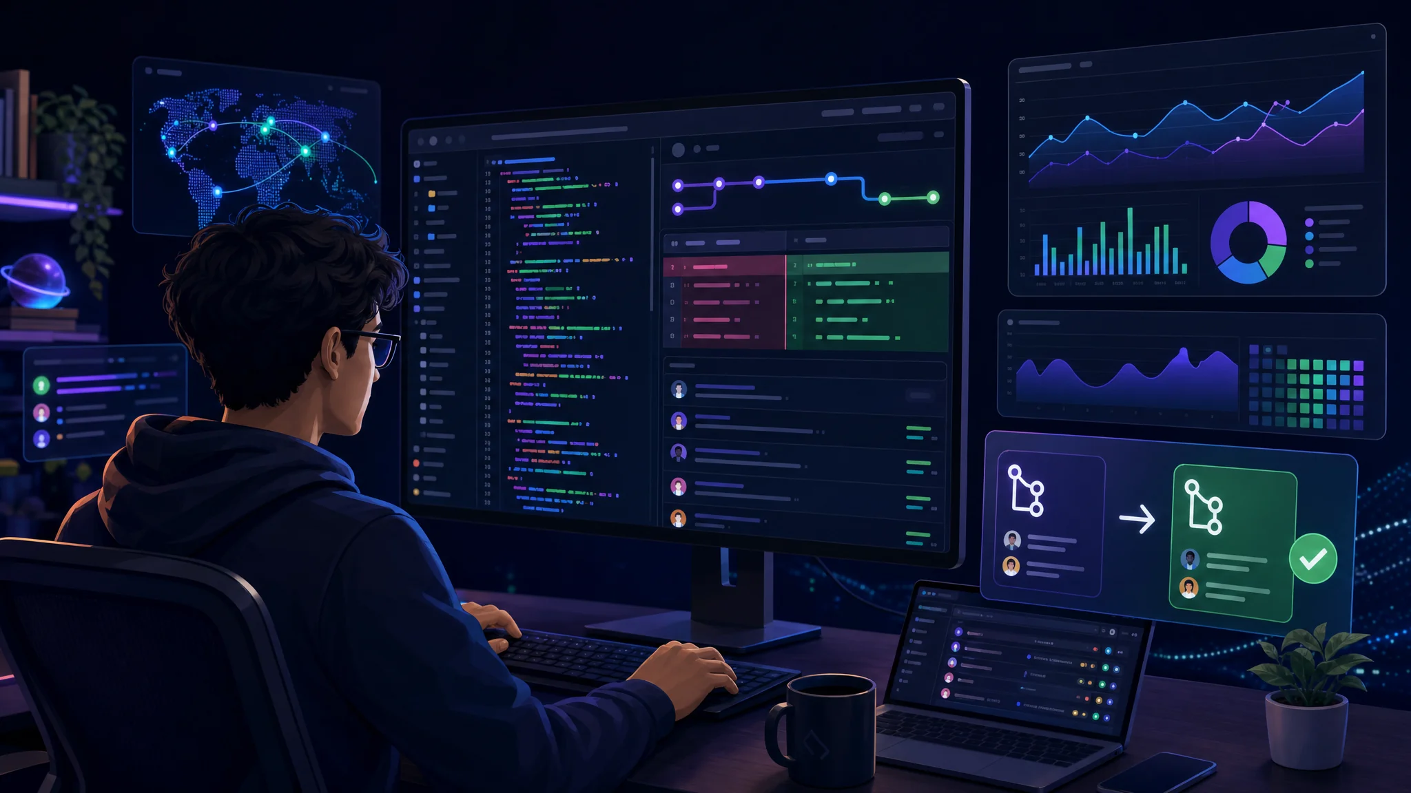 A software developer at a computer, examining colorful code snippets and a GitHub repository interface, with vibrant graphs and a dark background.