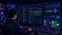 A software developer at a computer, examining colorful code snippets and a GitHub repository interface, with vibrant graphs and a dark background.