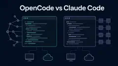 Two abstract terminal windows in teal and violet connected to desktop and cloud symbols on a dark background