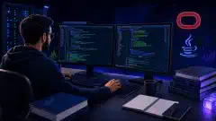 An IT administrator at a desk with dual monitors showing coding screens, surrounded by technical papers and faint logos of Oracle and Java, set against a dark background.