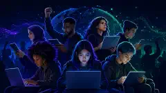 A diverse group of activists using laptops and tablets, set against a dark blue background. They express determination, with vibrant colors highlighting their devices and the scene's energy.