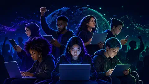 A diverse group of activists using laptops and tablets, set against a dark blue background. They express determination, with vibrant colors highlighting their devices and the scene's energy.