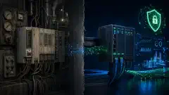 An illustration showing a contrast between an old programmable logic controller (PLC) with analog features on one side and a modern cybersecurity-capable controller with digital interfaces on the other, set against a dark background.