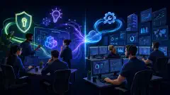 An illustration showing two contrasting sides: an internal IT team engaged in strategic work on one side and an MSP team managing standardized tasks on the other, set against a dark background.
