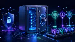 A digital illustration of a secure password vault with glowing locks and digital nodes, set against a dark background. The colors are vibrant blues, greens, and purples, emphasizing password security.