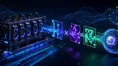 An illustration of a modern GPU mining rig working on matrix multiplication for the Pearl blockchain, with dynamic data streams and vibrant colors against a dark background.