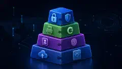 A digital illustration showing a tiered structure of colorful blocks representing personal security measures, set against a dark background. Each block symbolizes a different security action like password managers and two-factor authentication.
