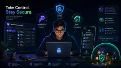 An engaged individual surrounded by elements of personal security, including a password manager, a locked laptop, and a smartphone, all on a dark background with vibrant accent colors.