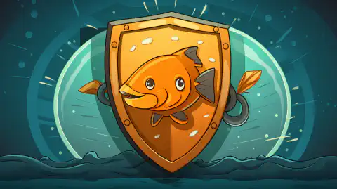 An illustrated cartoon image depicting a shield with a lock, symbolizing protection against phishing attacks and cyber threats.