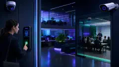 An illustration of a modern office scene featuring biometric access control systems, security cameras, and employees participating in a security training session, all set against a dark background.