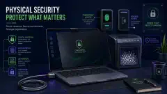A digital illustration of a secure workspace featuring a laptop with a cable lock, a privacy screen, and a shredder filled with shredded documents. Surrounding elements include biometric devices.