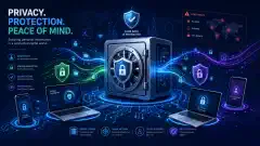 A digital illustration of a secure vault surrounded by vibrant data streams and abstract symbols of technology like smartphones and laptops, all against a deep navy background.