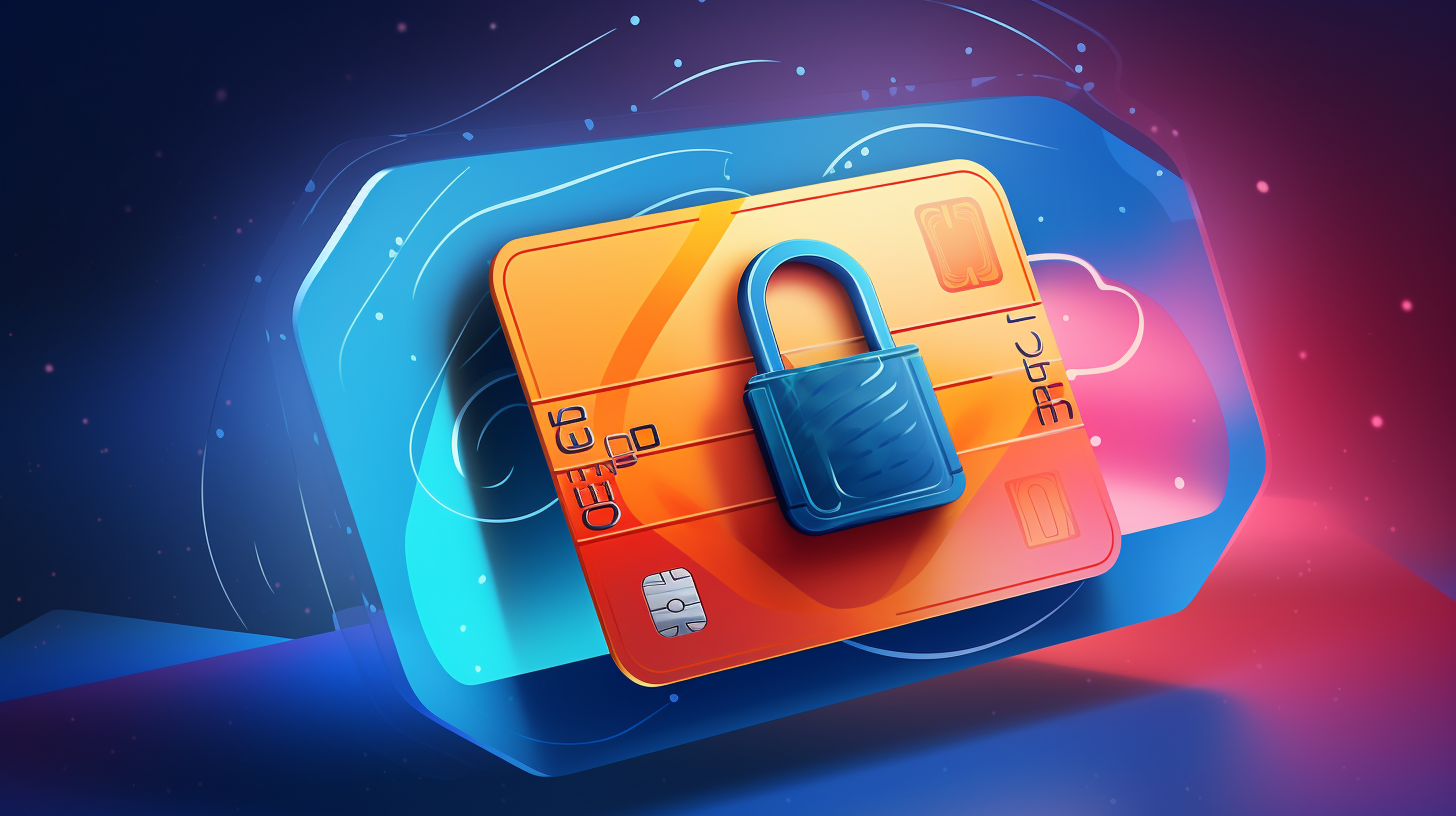 Imagine a vibrant and dynamic digital illustration showcasing a shielded virtual card protecting a lock symbol, representing the enhanced security and privacy offered by Privacy.com's virtual debit cards.