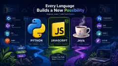 An abstract illustration featuring stylized icons of Python, JavaScript, and Java on a dark blue background with vibrant colors, symbolizing different programming languages for beginners.