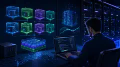 A modern server room with glowing icons representing virtual machines on screens. A technician works on a laptop, surrounded by dark navy equipment with vibrant blue, green, and purple accents.