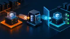 A backup moves from an orange production VM through a storage vault to a blue isolated test VM with disk, service, and time checks.