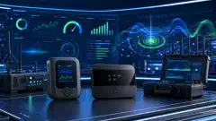 A high-tech laboratory scene featuring two devices, the Orbic RC400L and TP-Link M7350, on a workbench with glowing screens showing performance metrics, surrounded by advanced detection equipment and colorful signal wave visualizations.
