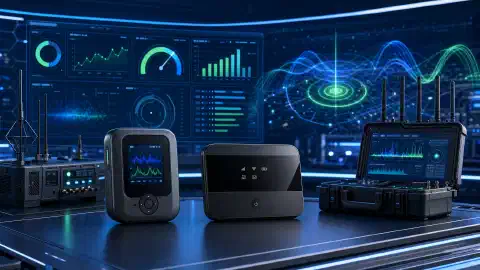 A high-tech laboratory scene featuring two devices, the Orbic RC400L and TP-Link M7350, on a workbench with glowing screens showing performance metrics, surrounded by advanced detection equipment and colorful signal wave visualizations.