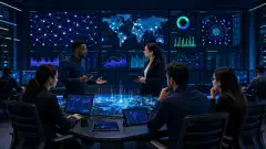 A futuristic security operations center with large screens showing network diagrams and risk data. A diverse team of professionals is discussing and analyzing data on tablets and laptops.
