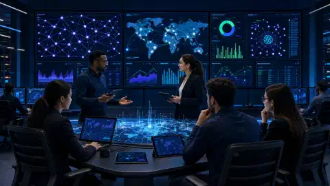 A futuristic security operations center with large screens showing network diagrams and risk data. A diverse team of professionals is discussing and analyzing data on tablets and laptops.