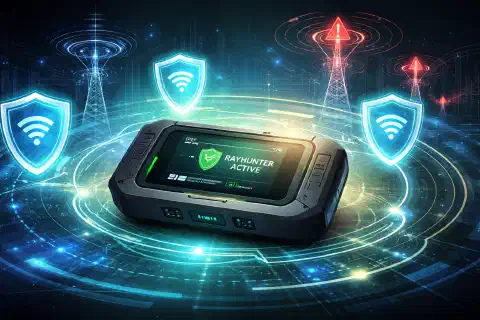 A Rayhunter device detecting wireless signals and IMSI catchers with security shields around it