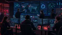 A digital illustration showing a cybersecurity command center with diverse professionals analyzing data on multiple screens, depicting a red team operation in a dark environment with vibrant accents.