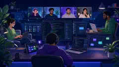 A diverse group of software developers working remotely, engaged in video calls and coding with laptops. The scene features modern workspaces with vibrant colors against a dark background.
