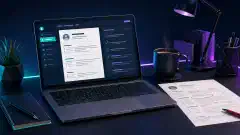 An illustration of a modern workspace featuring a laptop open to a resume editing software, a printed resume with red edits, and a coffee mug, all set against a deep navy background.