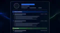 An illustration of a single-column resume layout against a dark background, featuring standard section headers and clear fonts, with vibrant blue and green accents, emphasizing ATS compatibility.